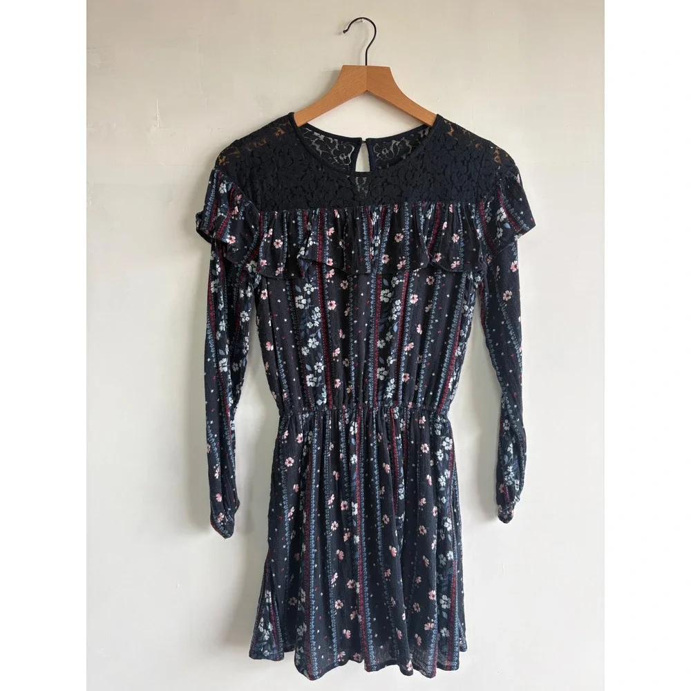 Abercrombie Kids Girls Blue Floral Lace Ruffle Long Sleeve Dress Size 15/16 XL